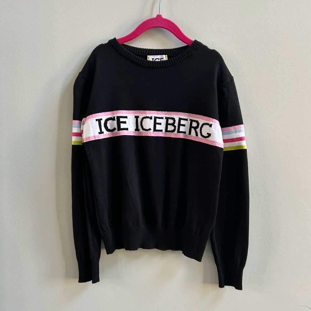 Ice Iceberg Girls’ Black Long-Sleeved Crew-Neck Logo Sweater, Size 8 (Medium).